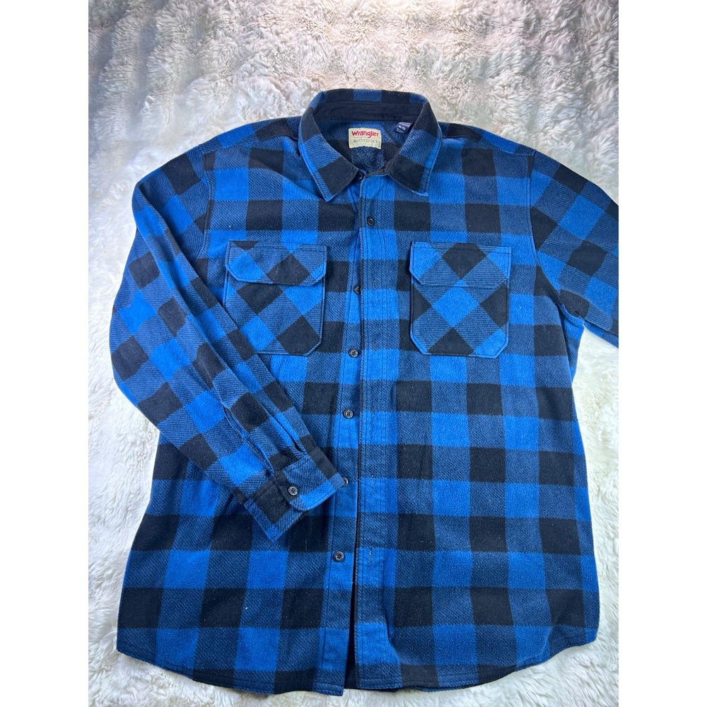Wrangler Authentics Mens XL Blue/Black Plaid Fleece Button-Up Shirt Pockets A26